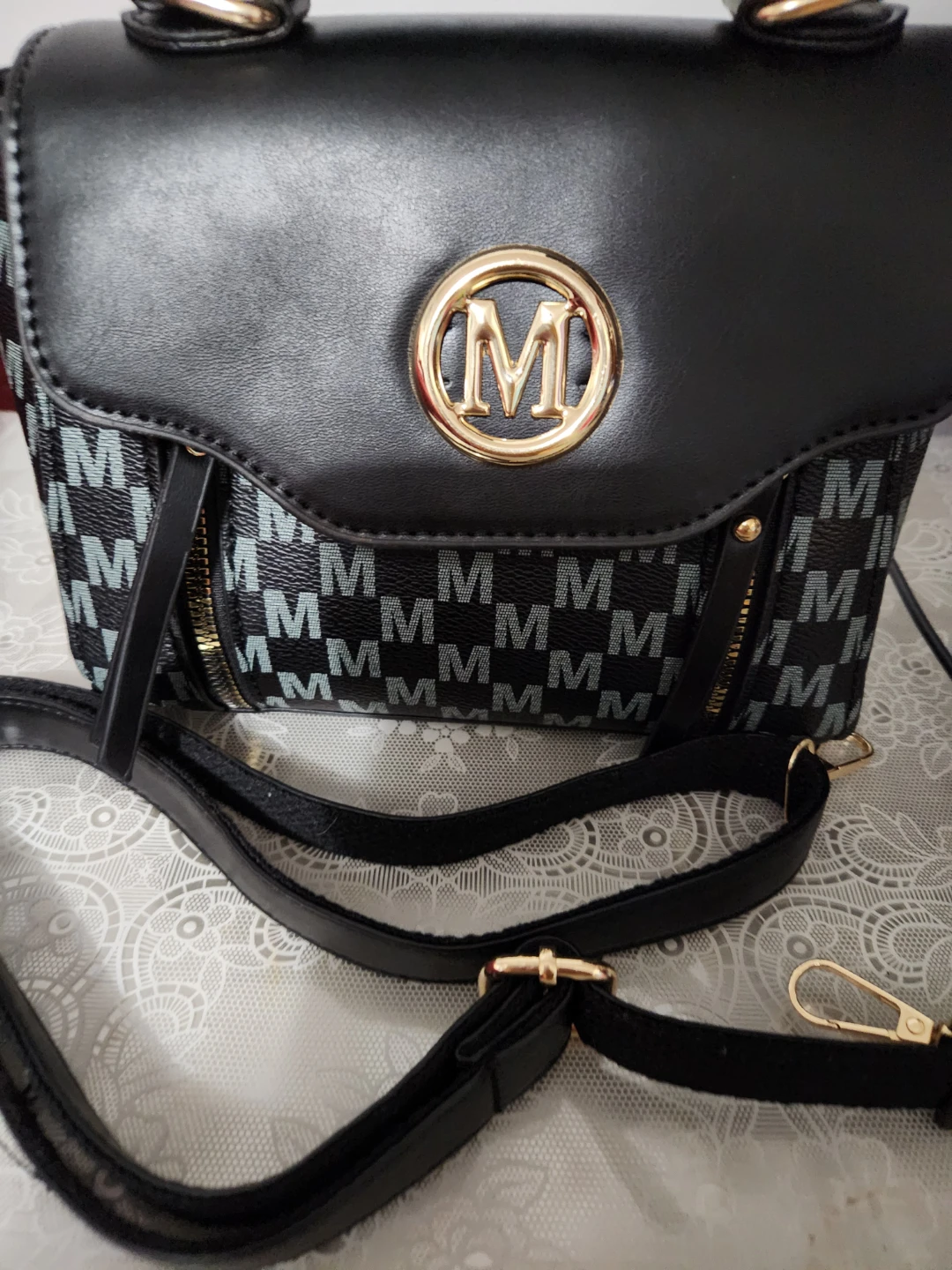 Black "M" Monogram Crossbody Bag with Gold Hardware