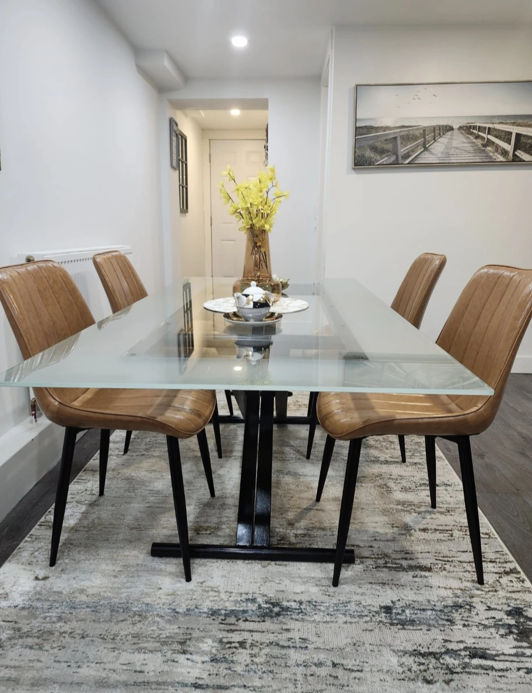 Glass Top Dining Table with 4 Brown Faux Leather Chairs - photo 2