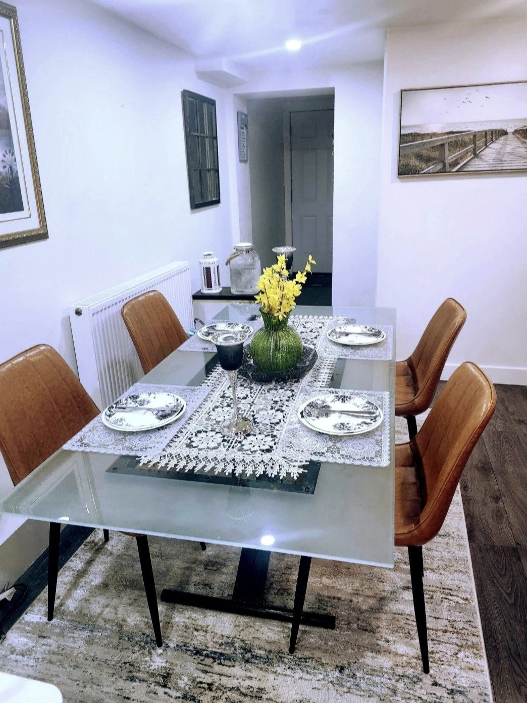 Glass Top Dining Table with 4 Brown Faux Leather Chairs - photo 3