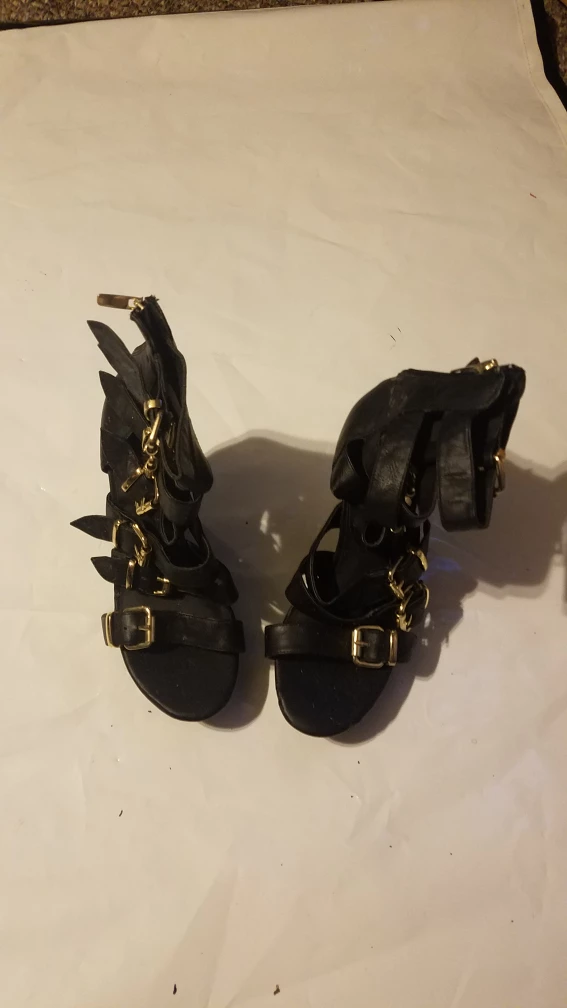 Black Gladiator Wedge Sandals with Gold Buckles
