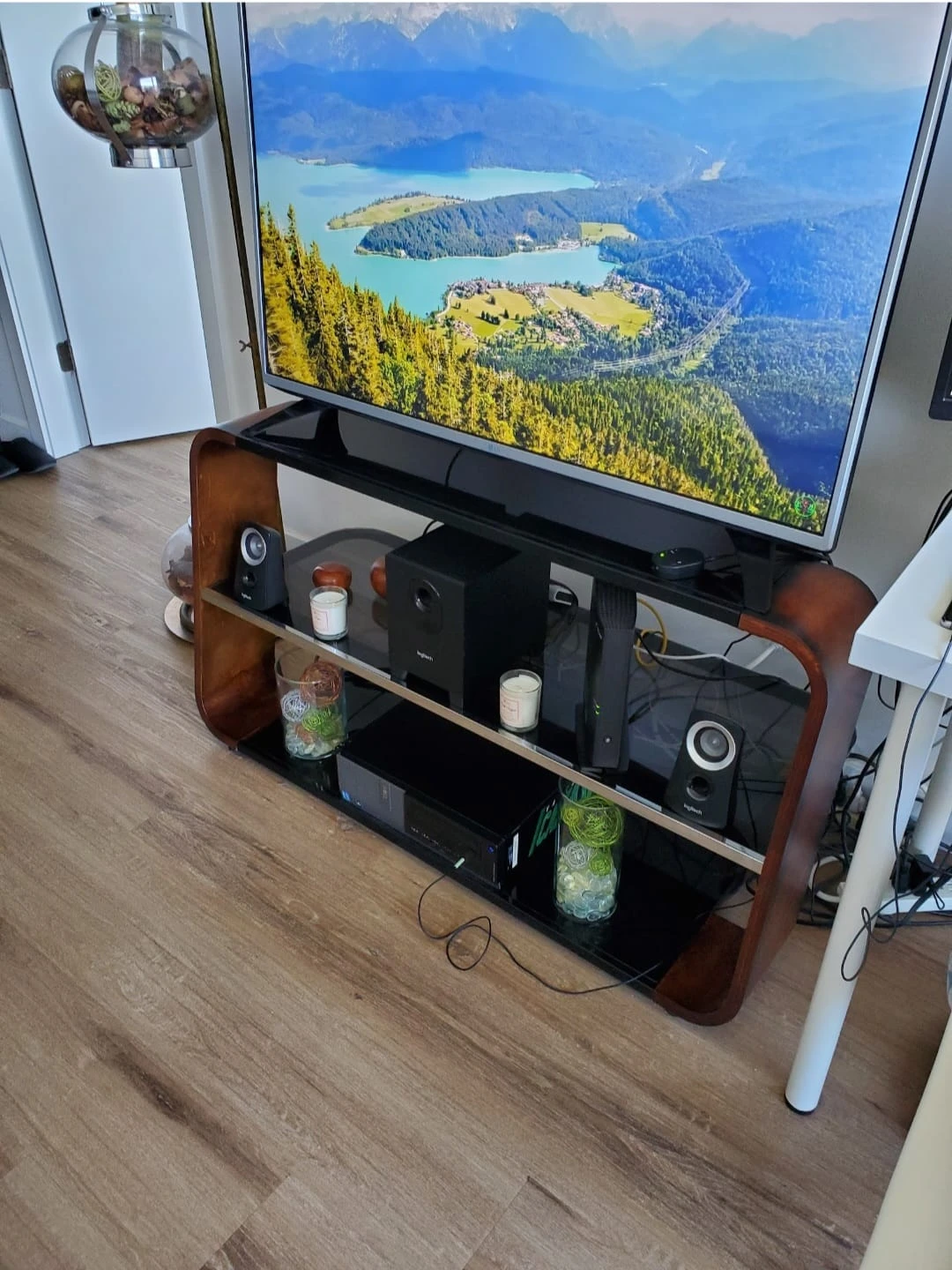 Modern Glass TV Stand with Wood Sides