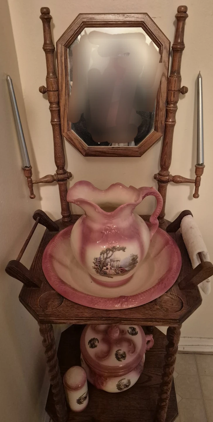 Vintage Pitcher and Wash Basin Set with Vanity Mirror
