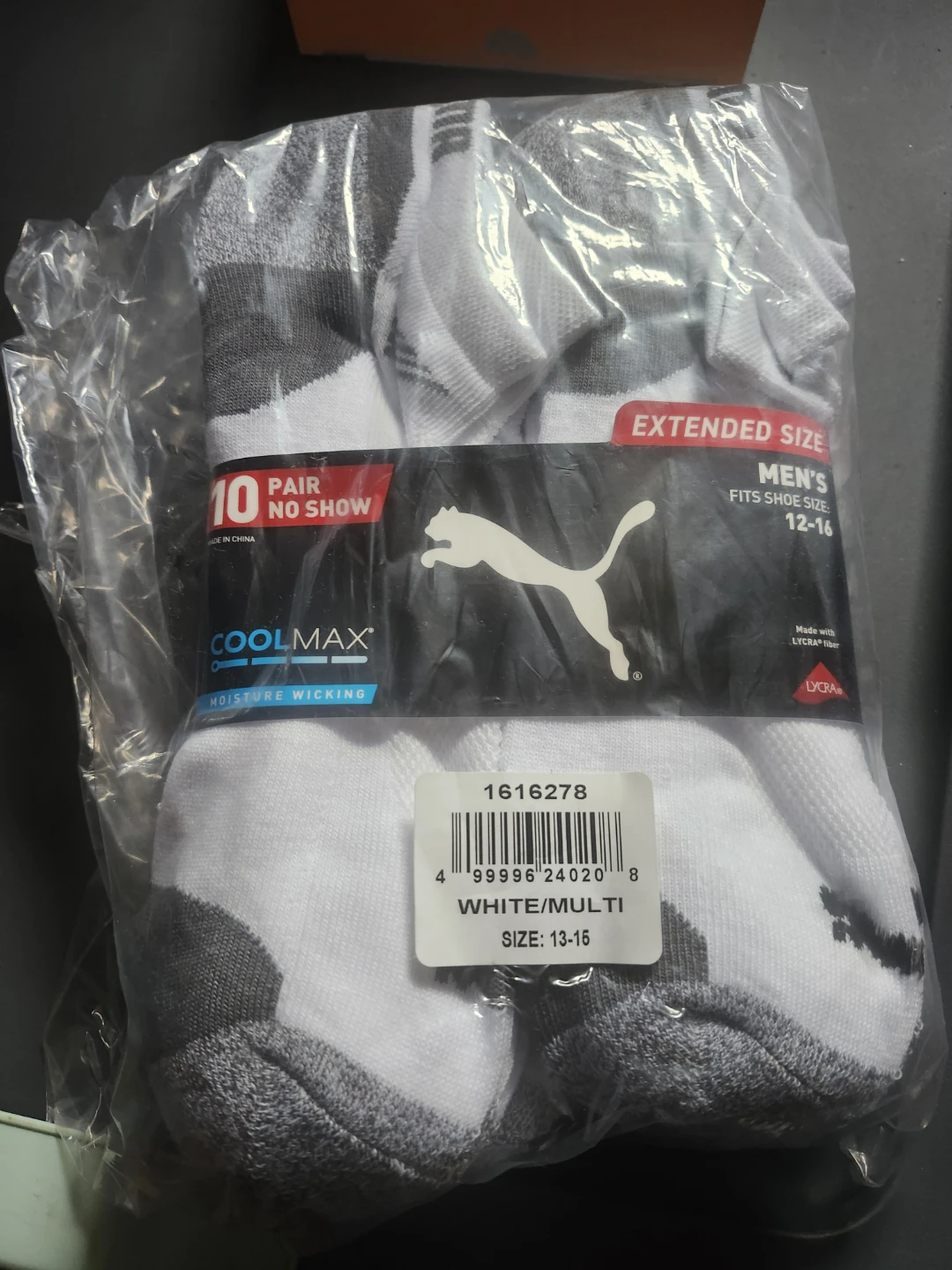 Puma Men's 10 Pair Extended Size No Show Socks White
