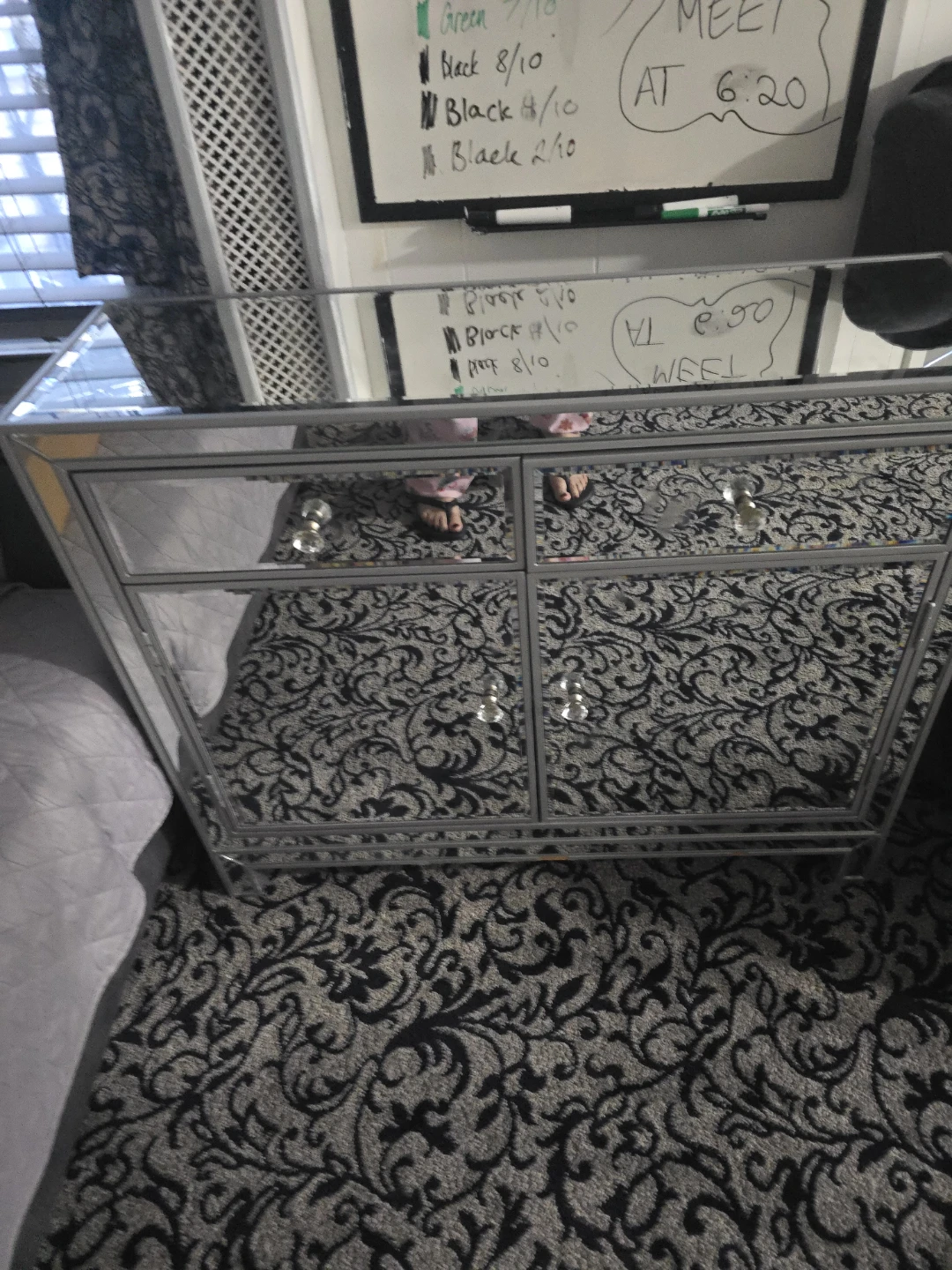 Mirrored Dresser with Crystal Knobs