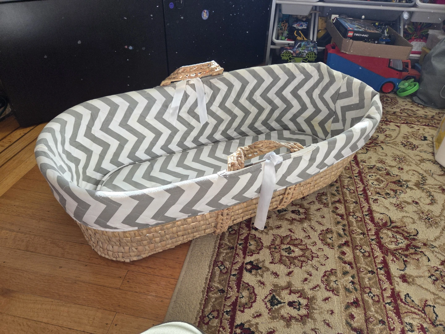 Baby Bassinet with Grey Chevron Pattern