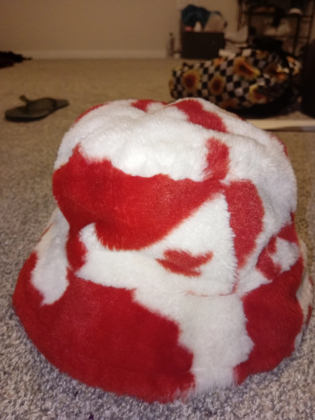 Red and White Faux Fur Bucket Hat