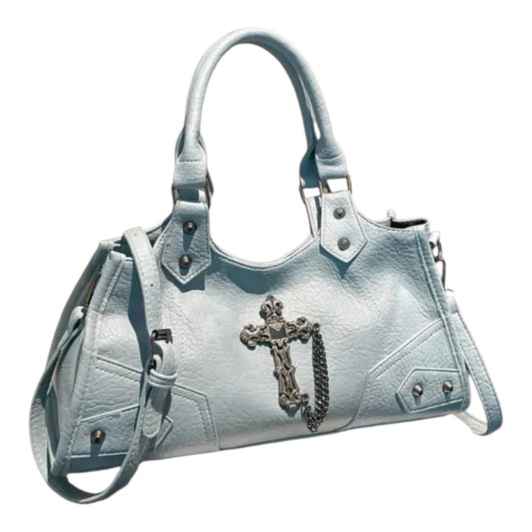 Light Blue Satchel Handbag with Cross Charm