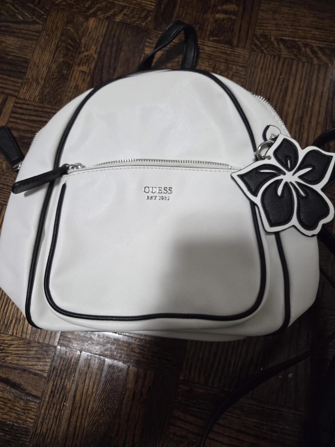 Guess White Faux Leather Backpack with Flower Charm