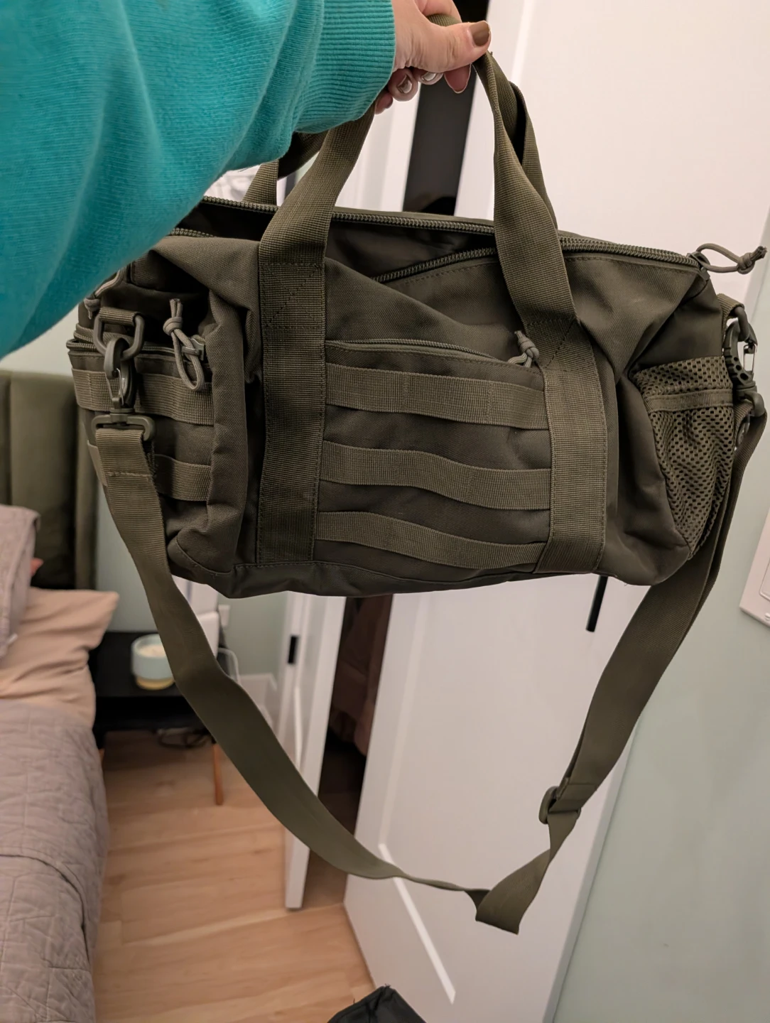 Olive Green Duffle Bag with Multiple Pockets