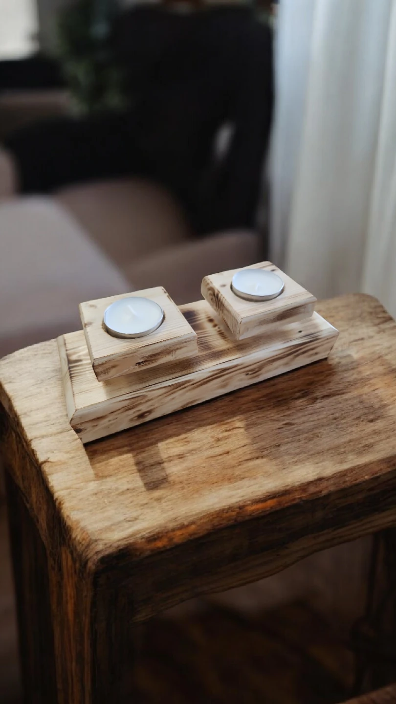 Rustic Wooden Double Tealight Candle Holder - photo 2