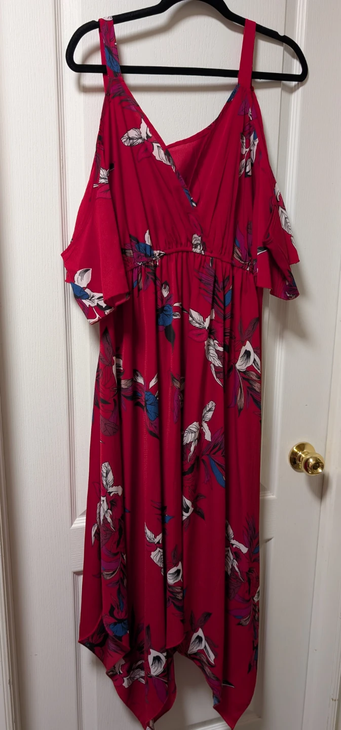 Red Floral Cold Shoulder Maxi Dress