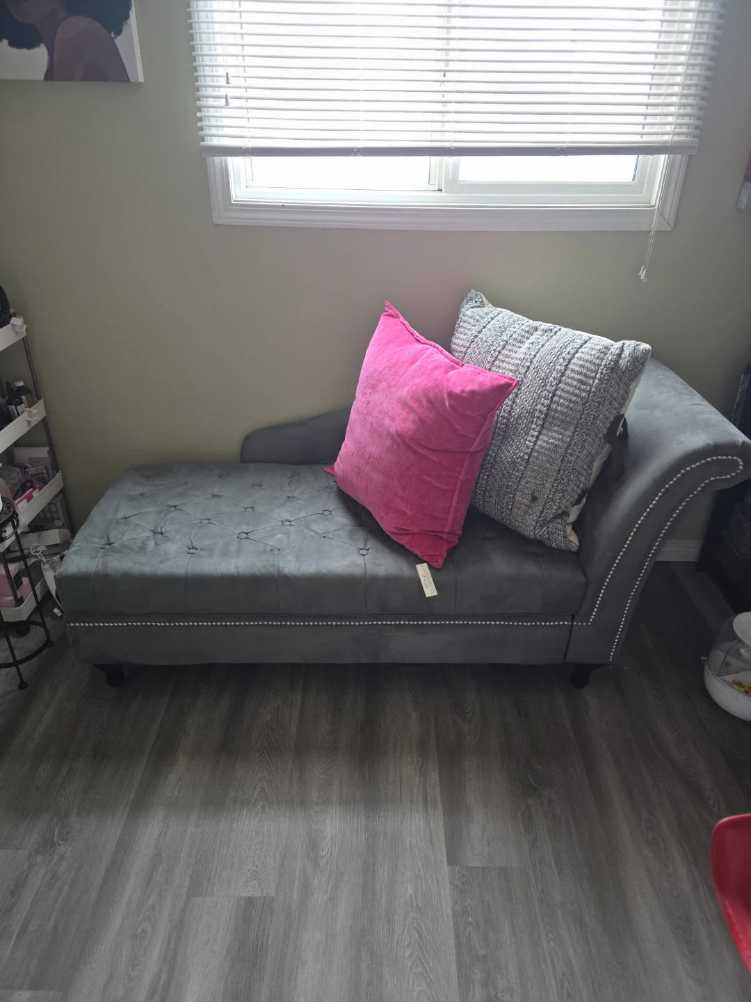 Grey Tufted Chaise Lounge with Silver Studs
