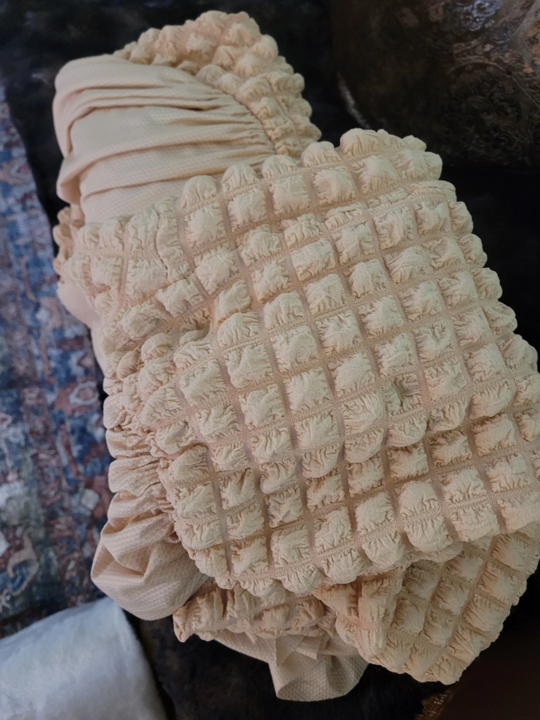 Cream Textured Dining Chair Cover with Ruffle Skirt New $6 each - photo 5