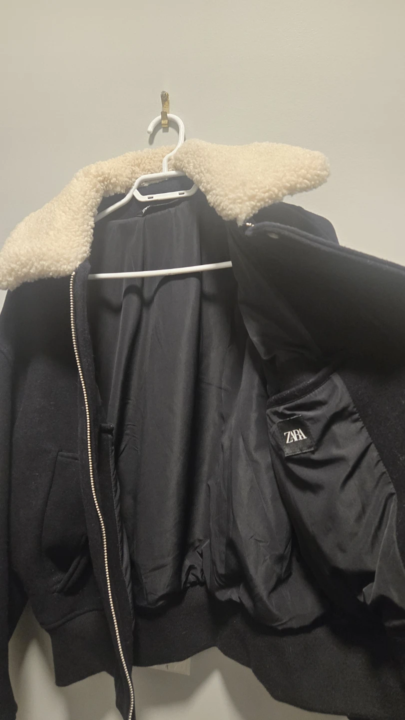 Zara Black Bomber Jacket with Sherpa Collar - Size L - photo 3