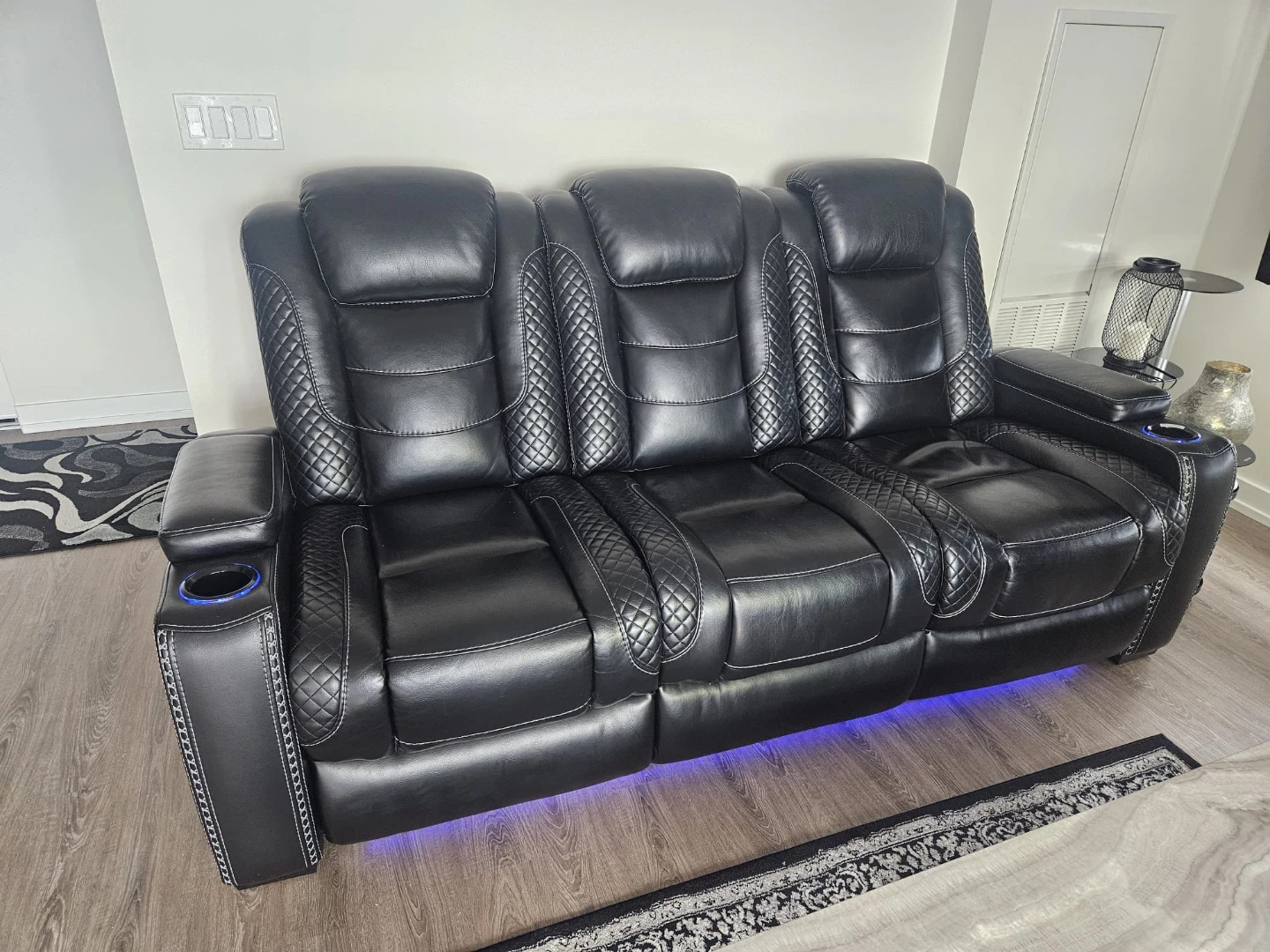 Black Leather 3-Seater Reclining Home Theatre Sofa