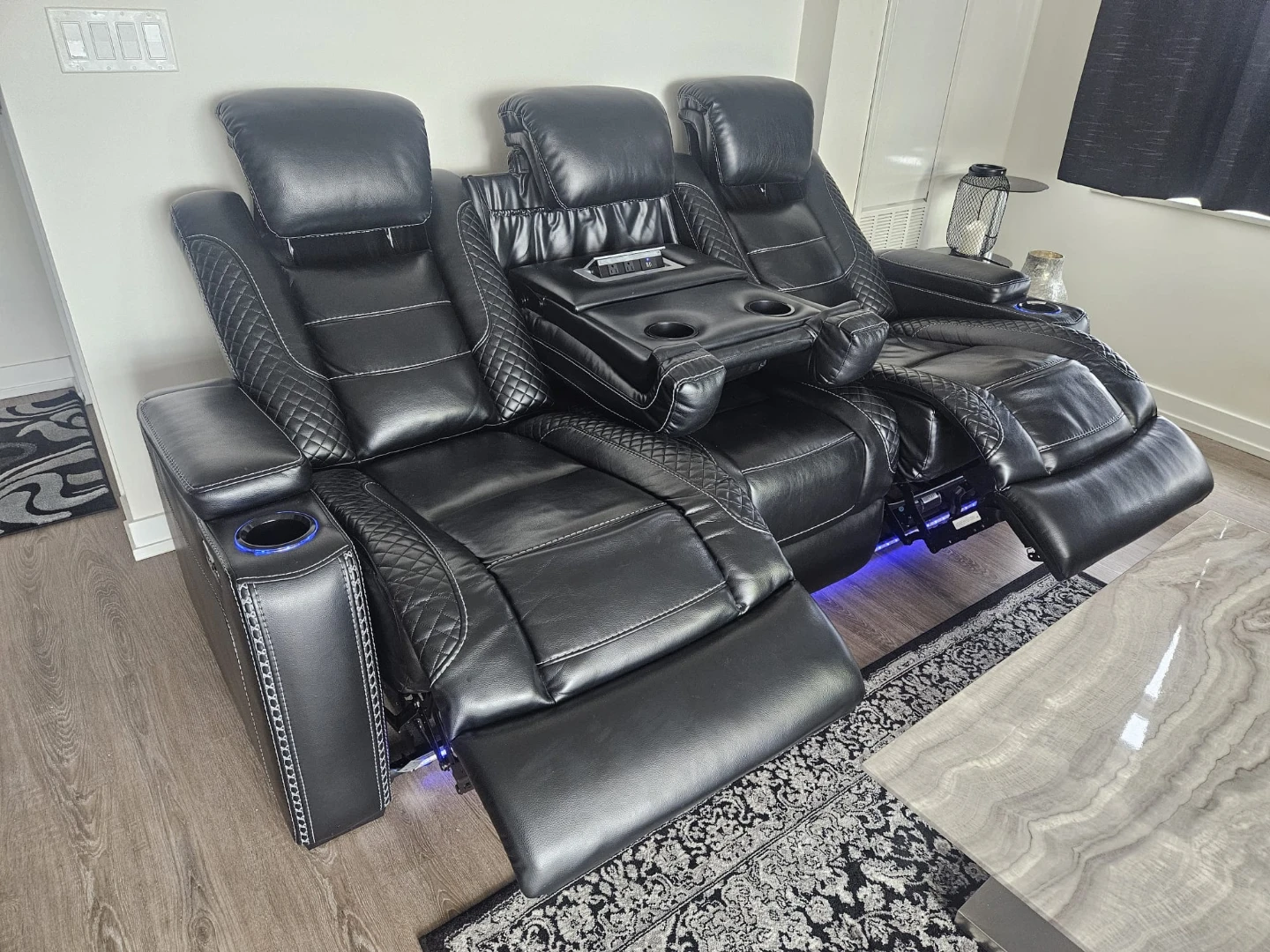 Black Leather 3-Seater Reclining Home Theatre Sofa - photo 3