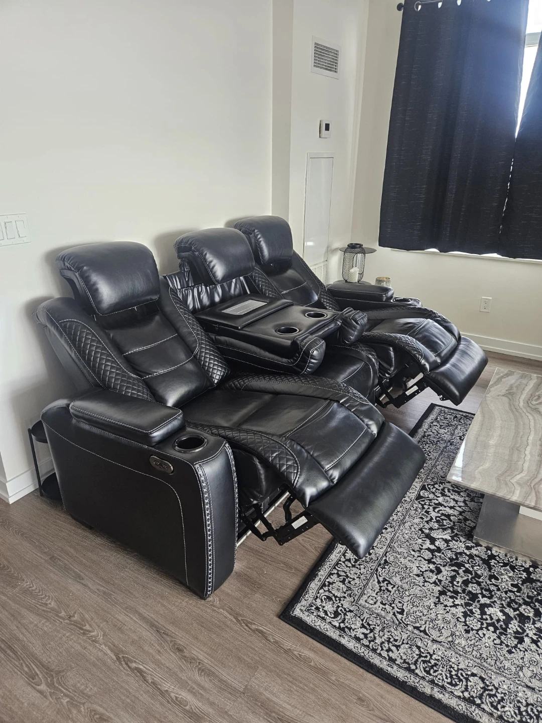 Black Leather 3-Seater Reclining Home Theatre Sofa - photo 4