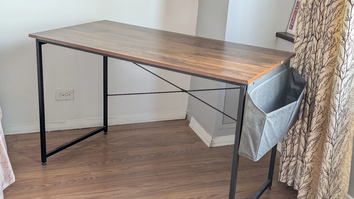 Wood Top Desk with Black Metal Frame and Storage Pocket