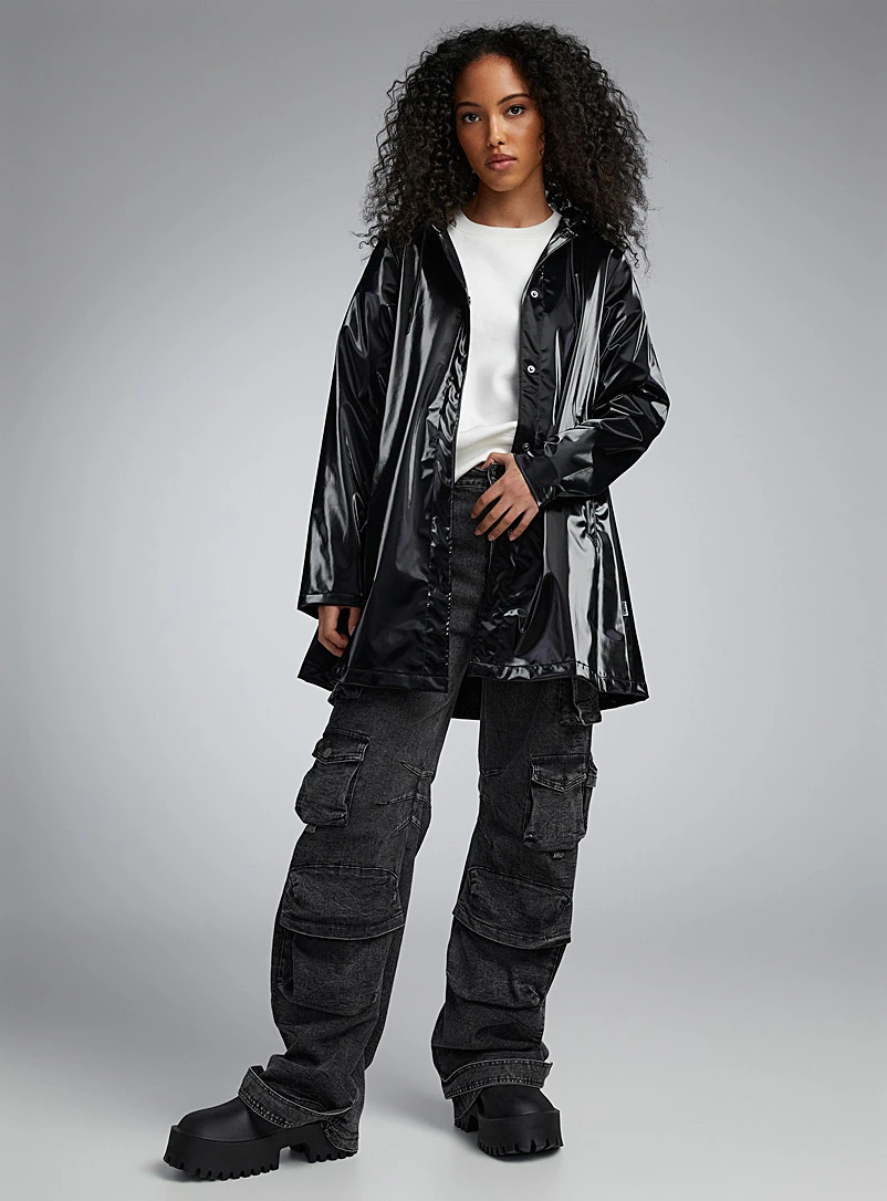 New - RAINS A-Line Shiny Black Raincoat