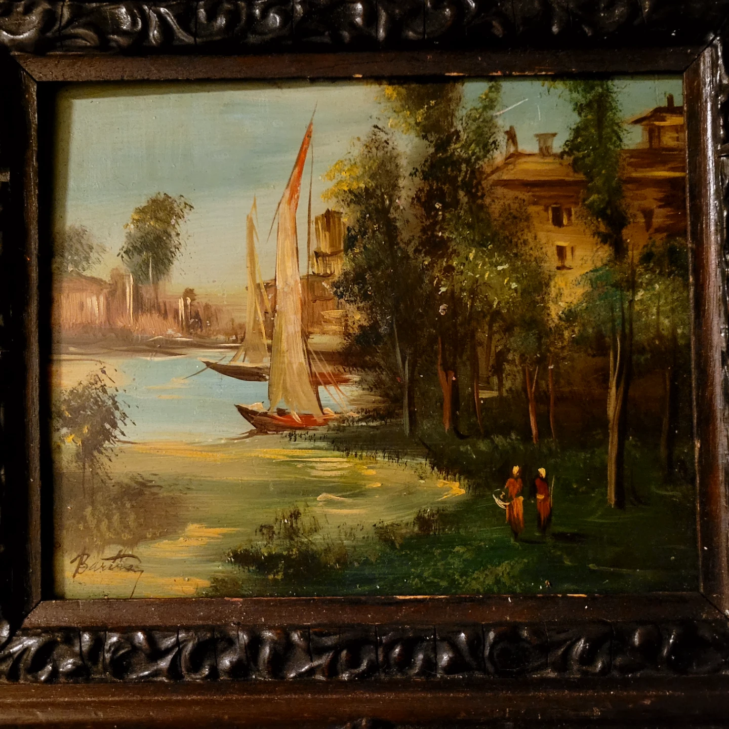 Vintage Landscape Oil Painting with Sailboats - photo 2