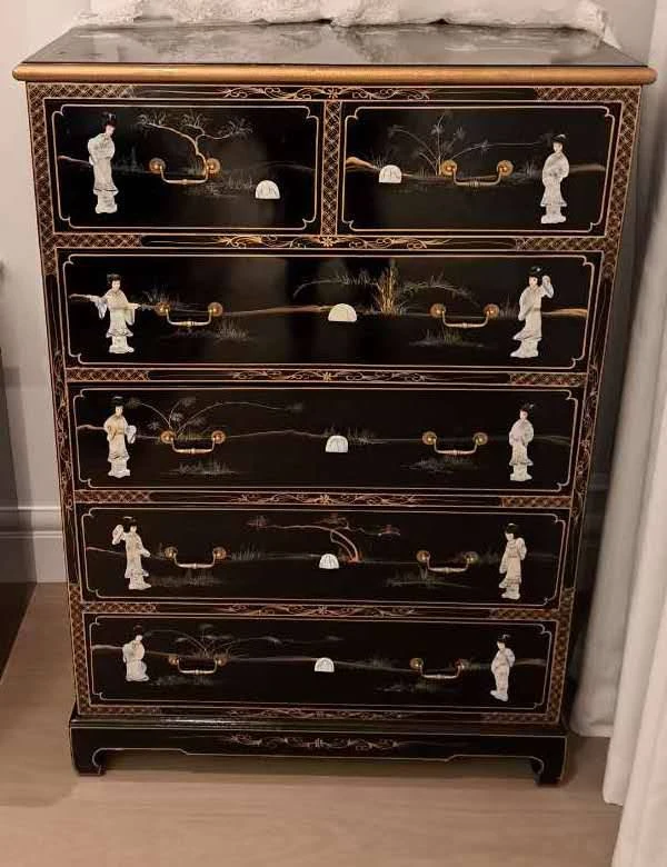 Vintage Black Lacquer Chest of Drawers with MOP Inlay