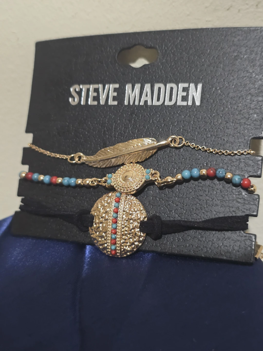 Steve Madden Set of 3 Beaded Bracelets Gold Feather Charm