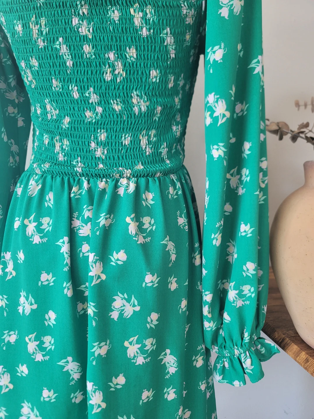 WAYF Long Sleeve Smocked Minidress in green floral Sz S - photo 5