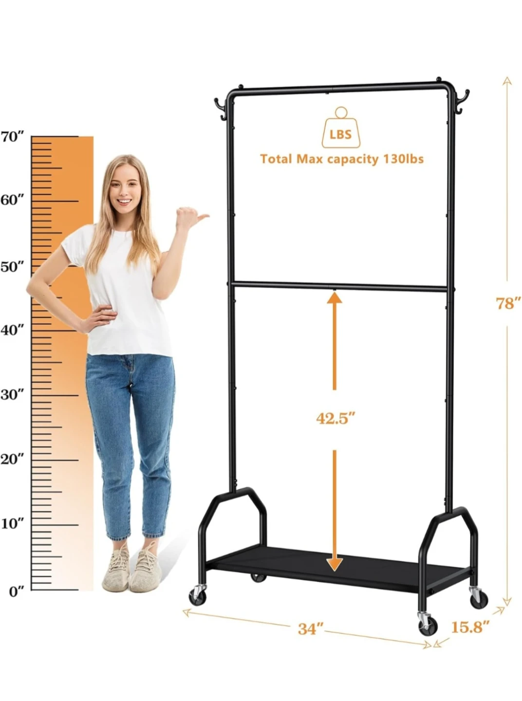 Rolling clothes rack Double Garment Rack bottom shelf - photo 4