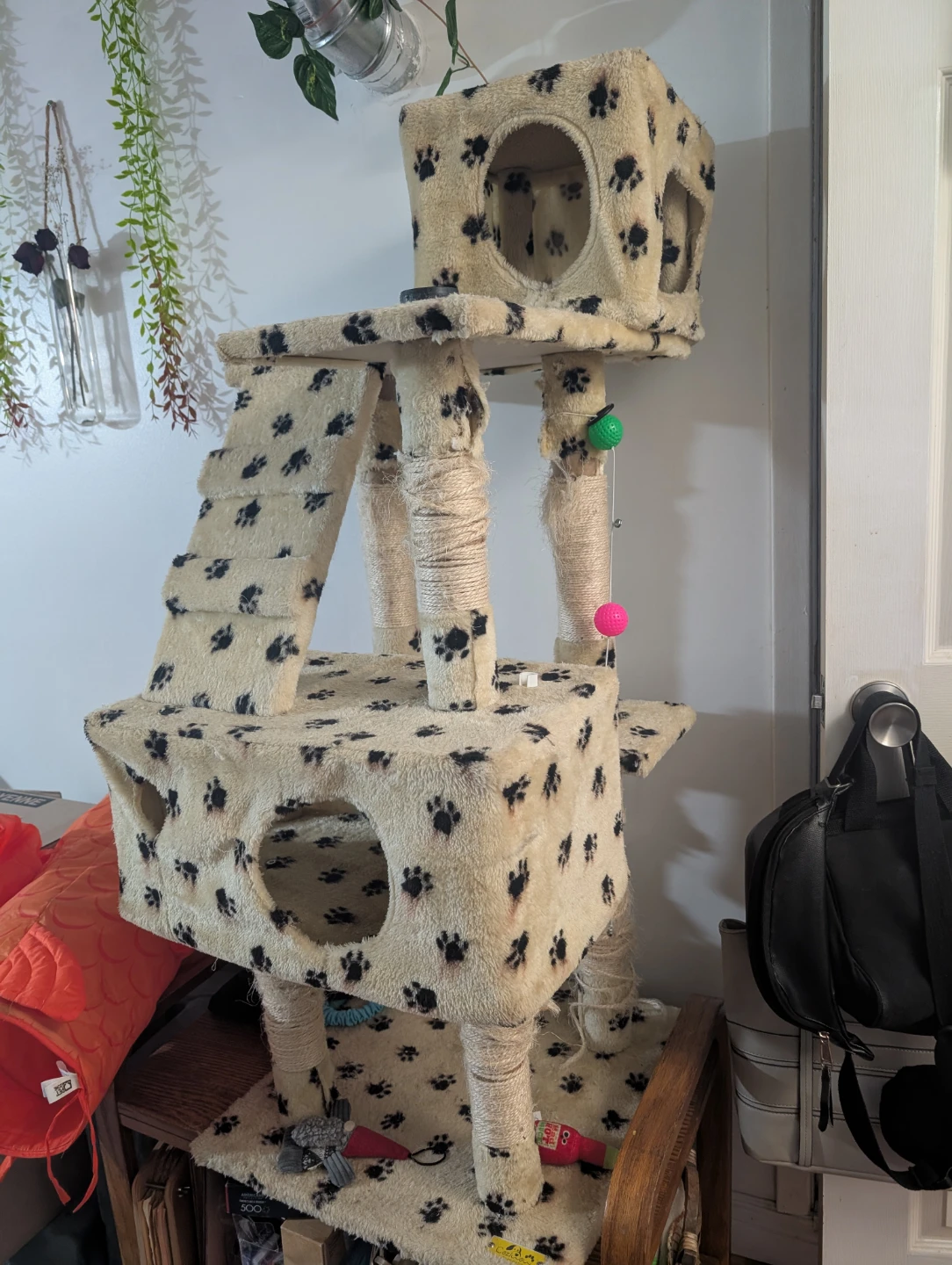 Multi-level cat tree with scratching posts and toys
