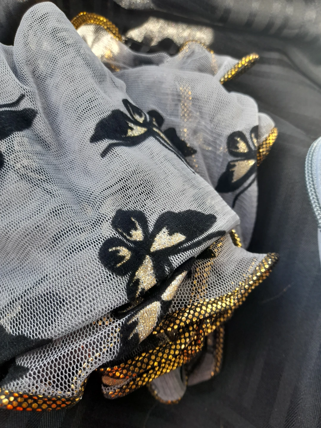 Sheer Black Butterfly Print Scarf with Gold Trim - photo 3