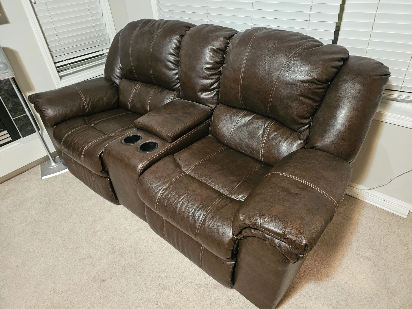 Brown Leather Reclining Loveseat with Cup Holders - photo 2