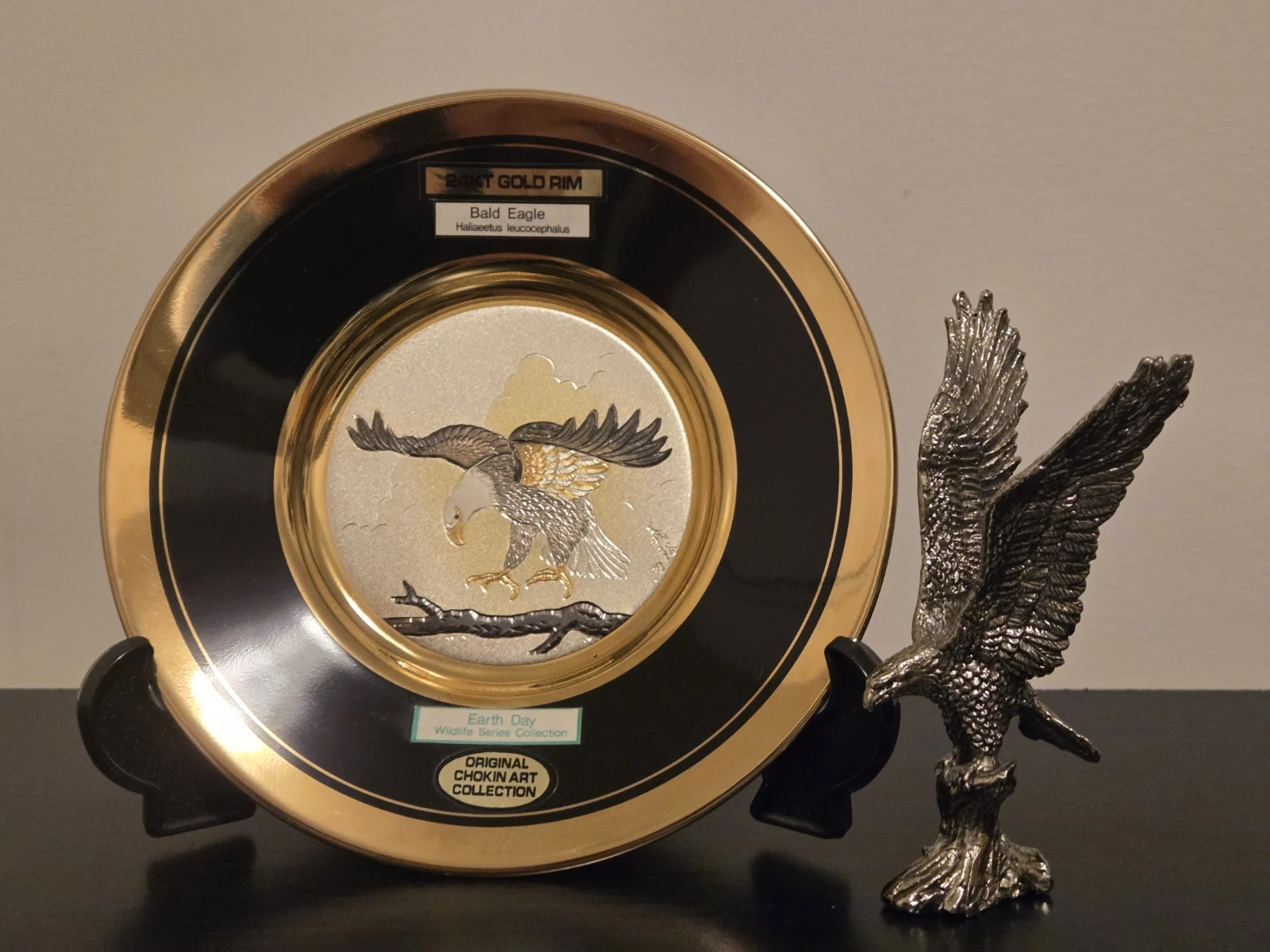 Original Chokin Art Collection Bald Eagle Plate and Figurine