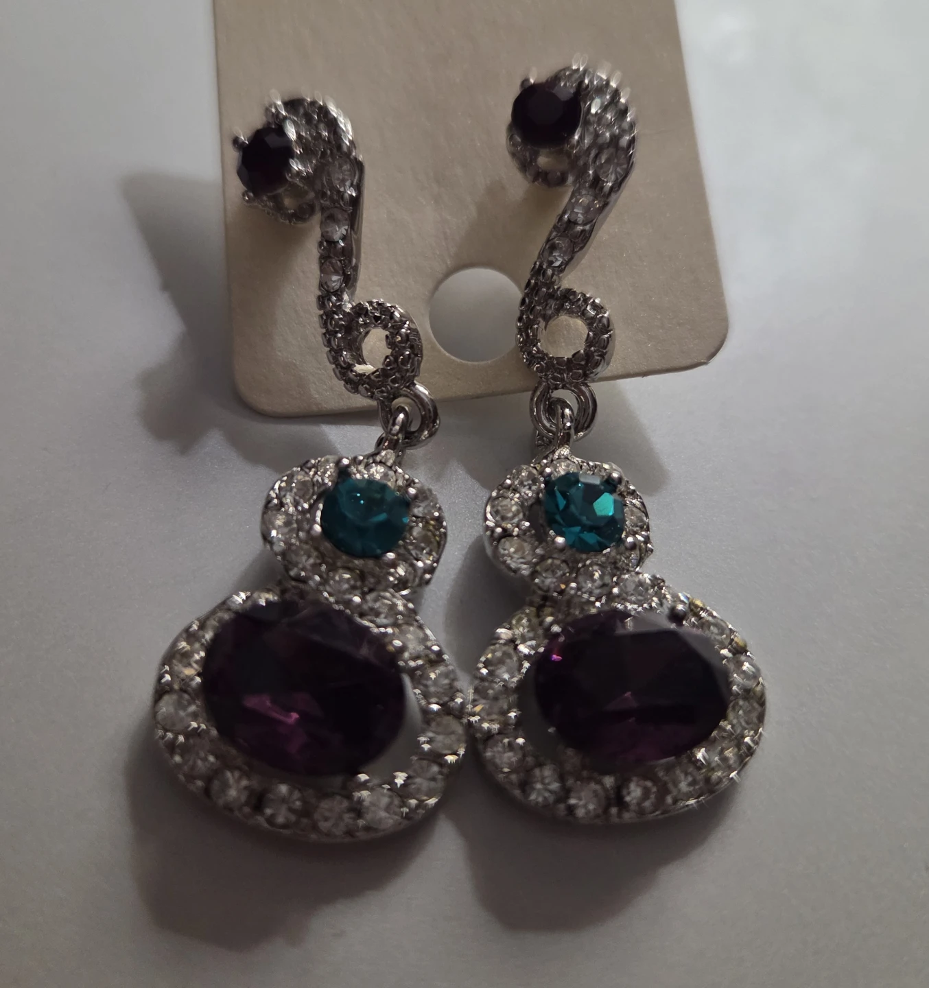 Rhinestone Dangle Earrings with Purple and Teal Gems - photo 2