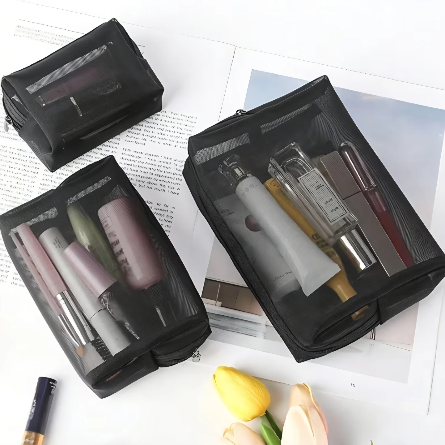 📦 Pickup / Delivery - Set of 3 Black Mesh Makeup Bags