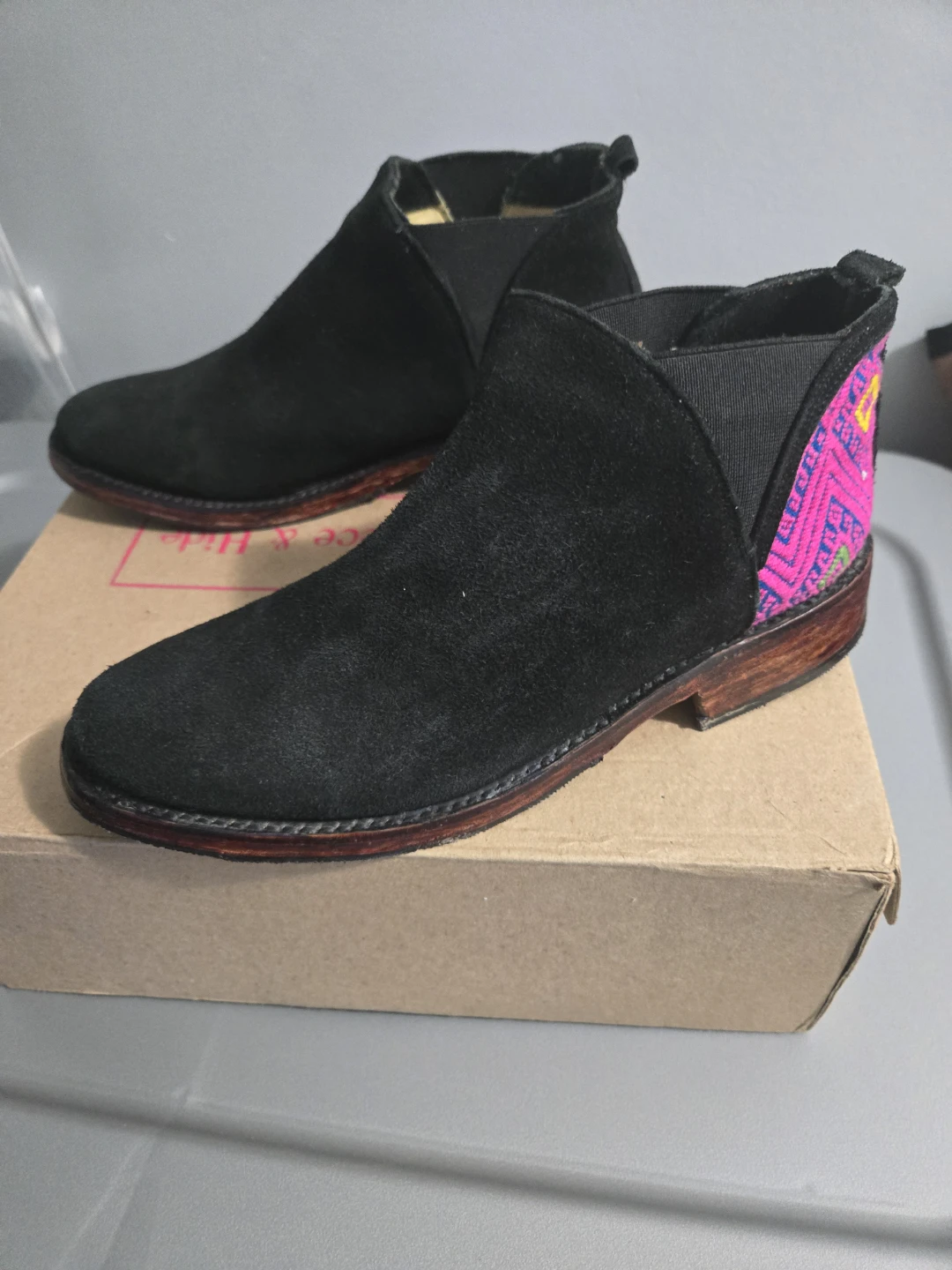 Black Suede Real Leather Ankle Boots with Embroidered Accent NEW