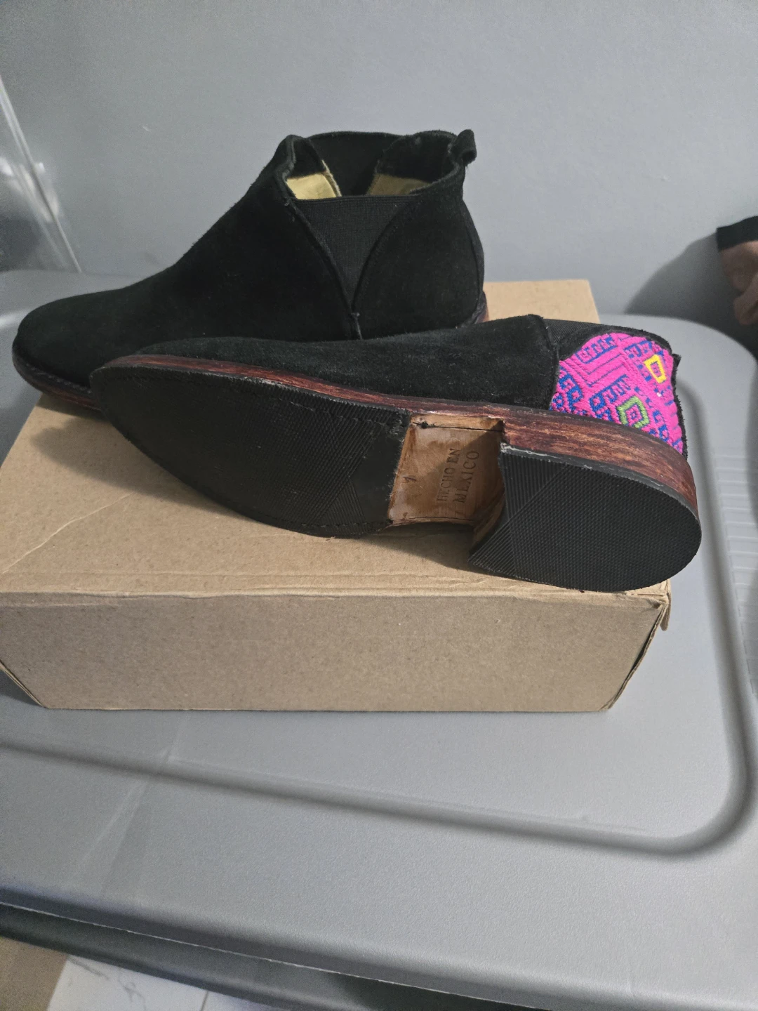 Black Suede Real Leather Ankle Boots with Embroidered Accent NEW - photo 2