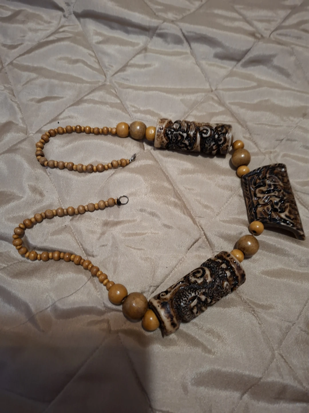 Carved Pendant and Wood Bead Necklace🏆