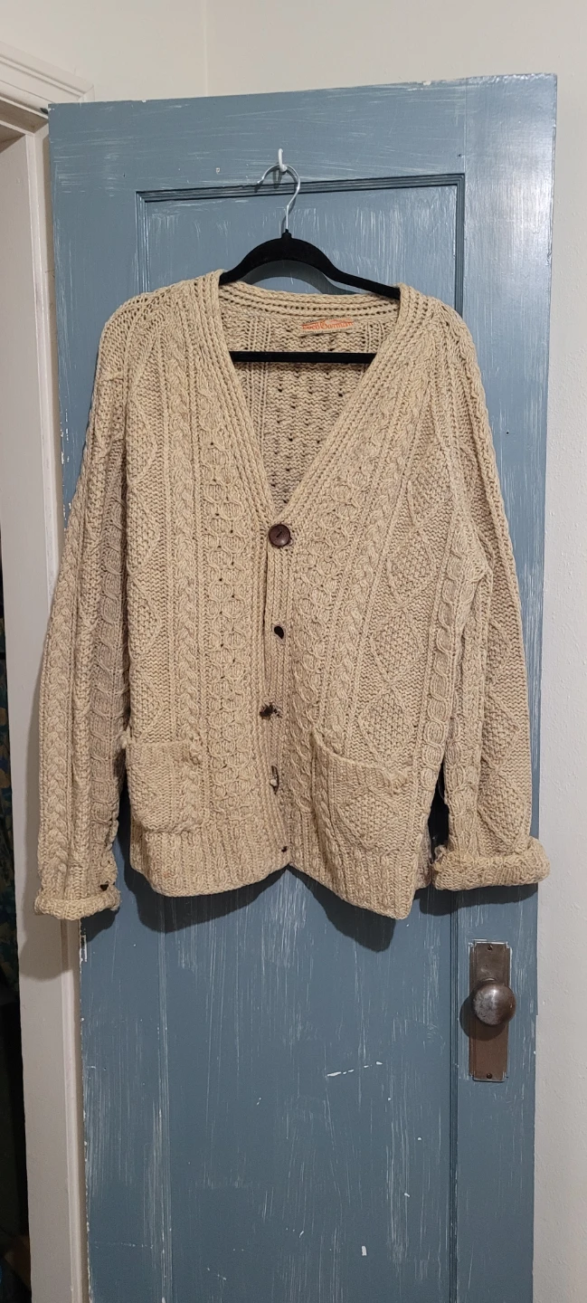 Beige Cable Knit Cardigan with Suede Elbow Patches