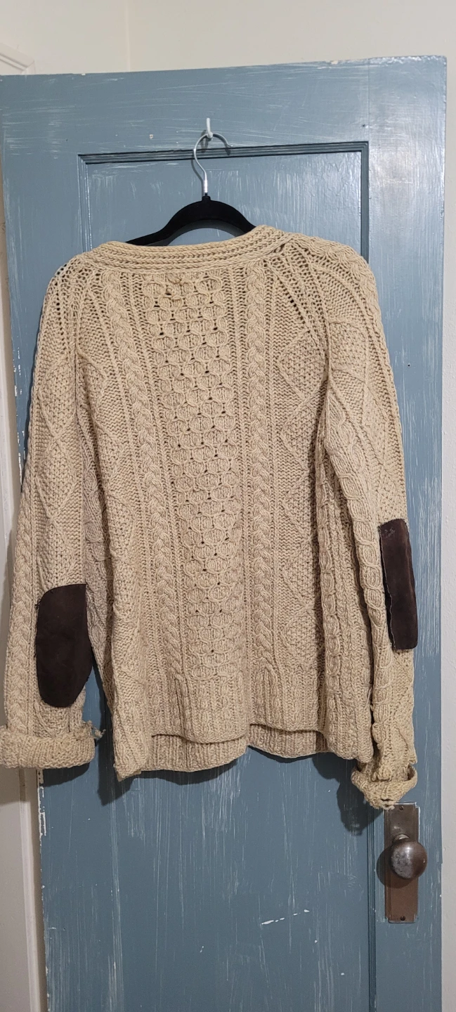 Beige Cable Knit Cardigan with Suede Elbow Patches - photo 2