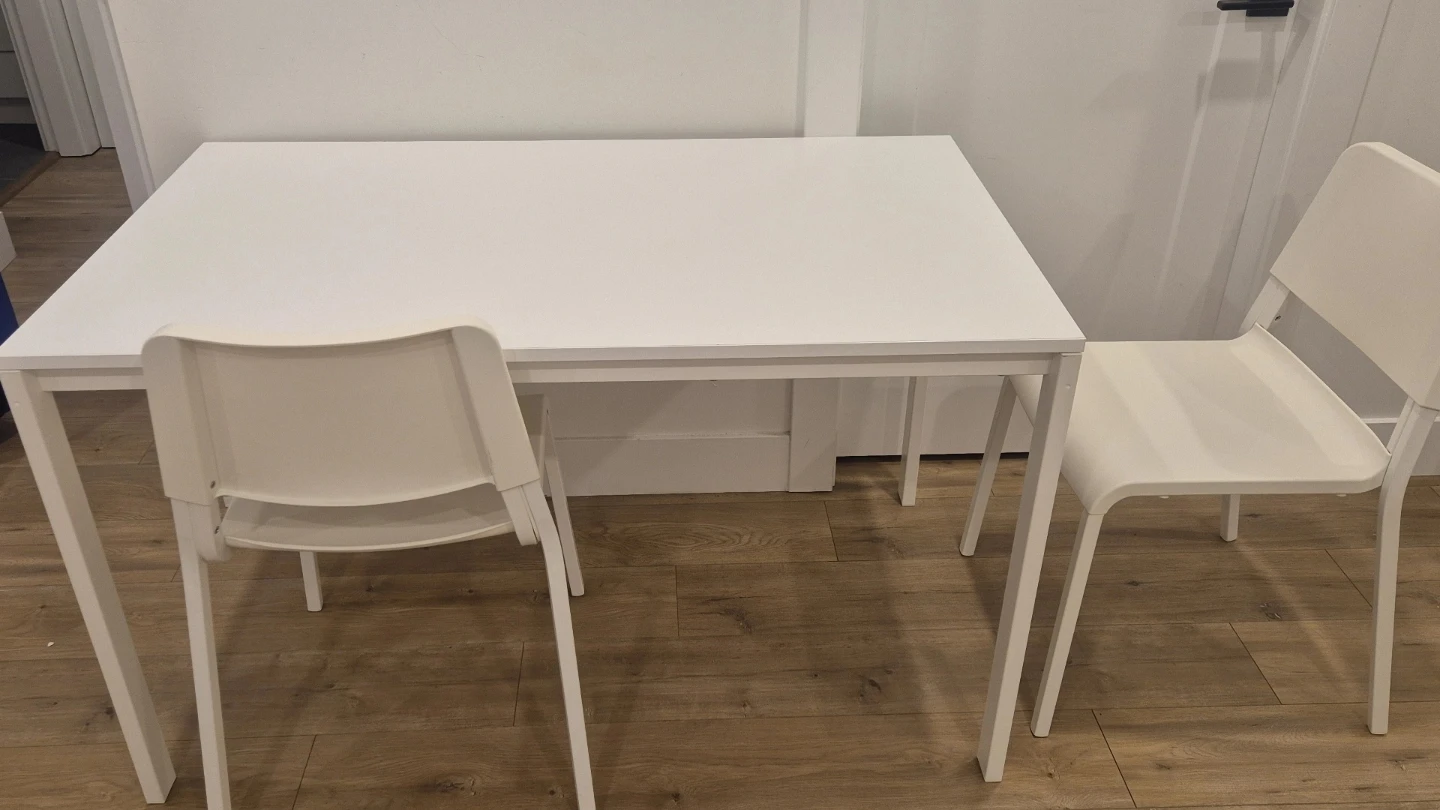 White IKEA Teodores Chairs (2) and Melltorp Table