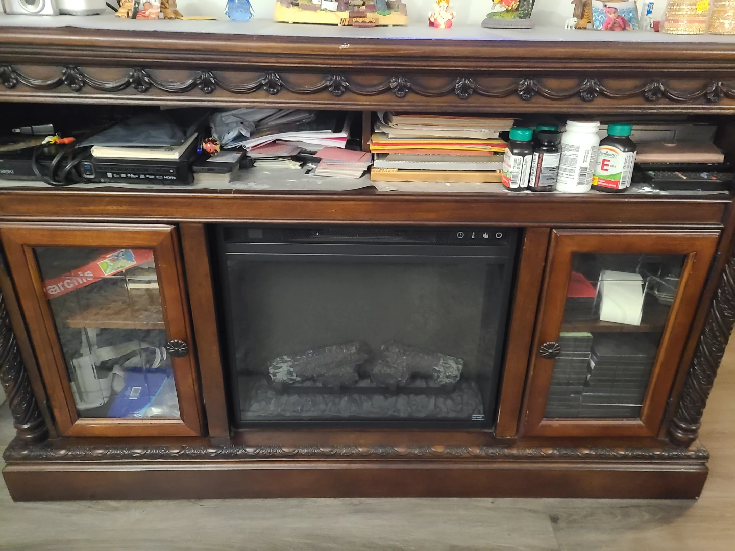 Dark Wood Electric Fireplace TV Stand with Glass Doors - photo 3