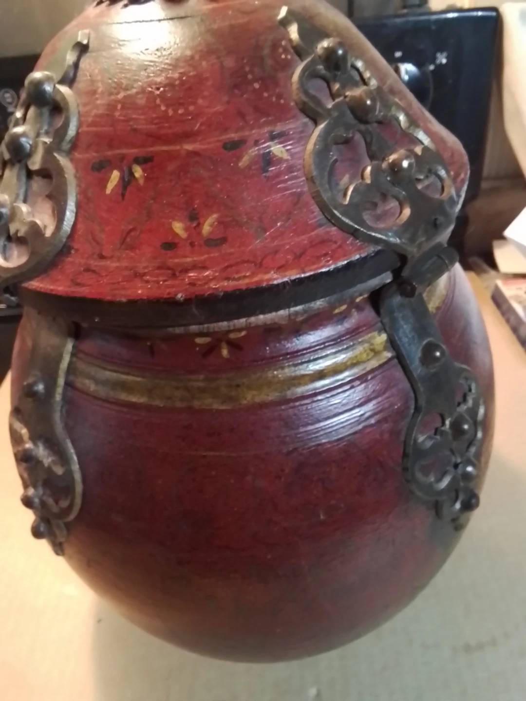 Tibetan Wood Decorative Jar with Lid 13x9" - photo 4