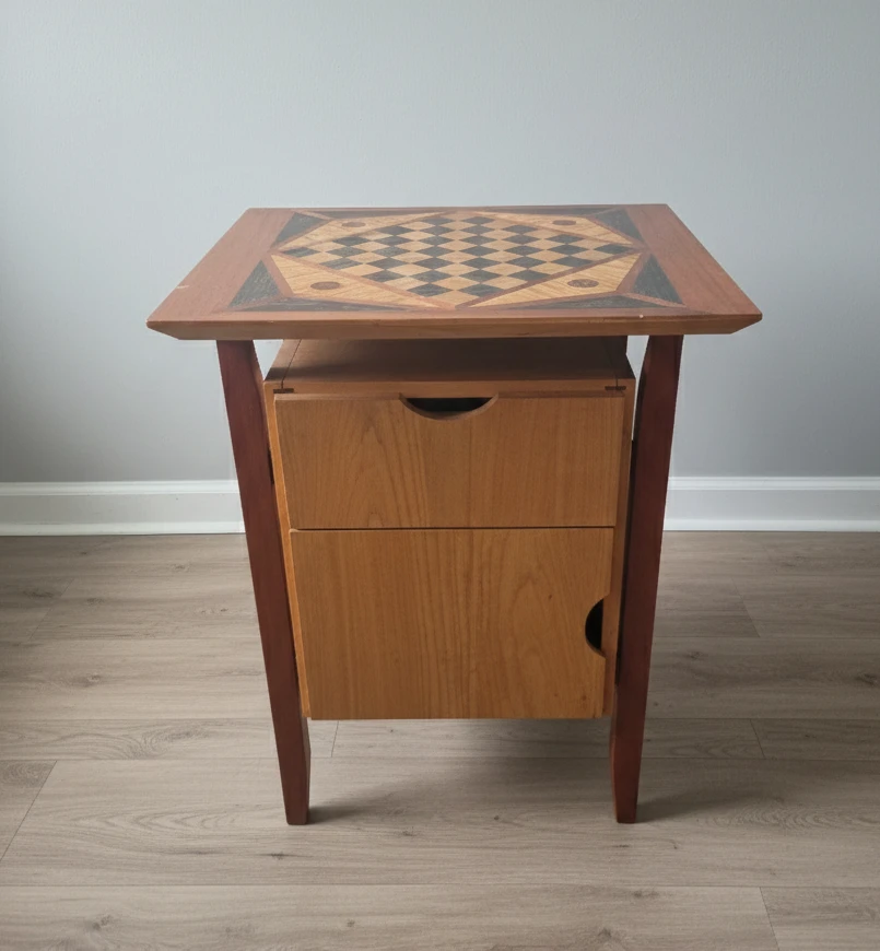 Vintage Marble Chess Set and Side Table with Game Board Top