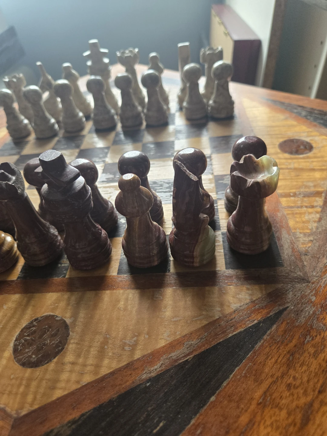 Vintage Marble Chess Set and Side Table with Game Board Top - photo 3