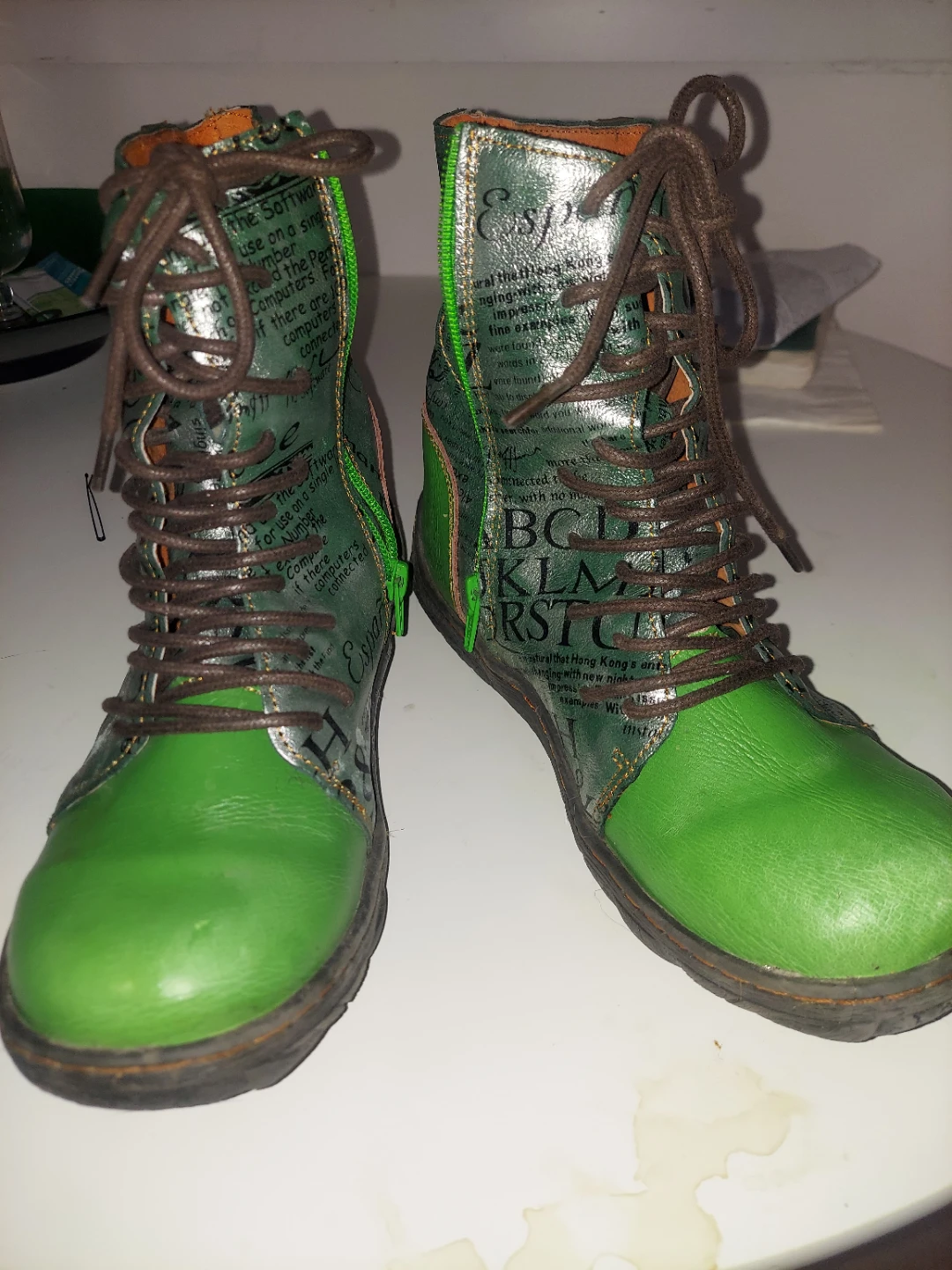 Green Leather Boots with Text Print