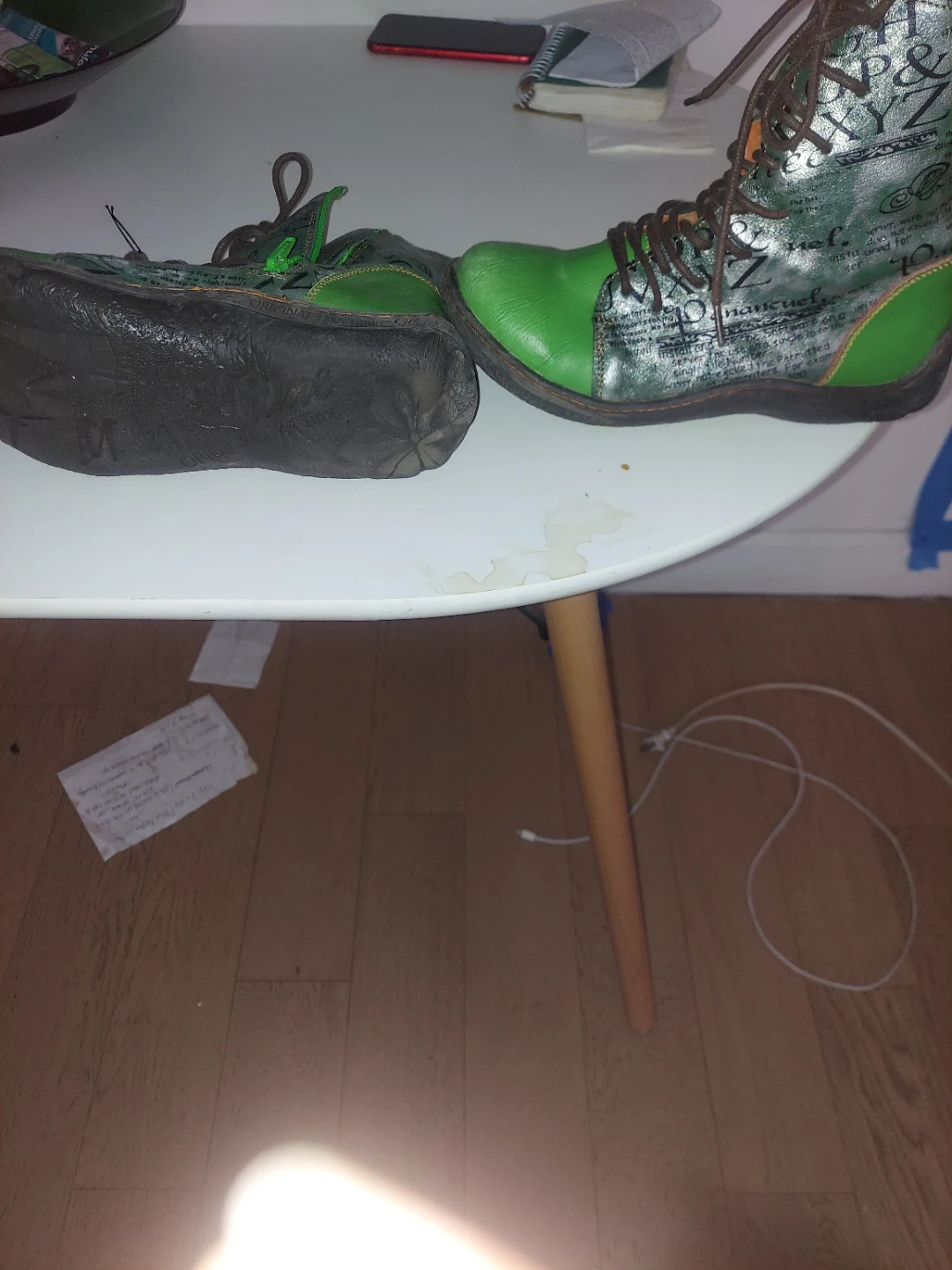 Green Leather Boots with Text Print - photo 3