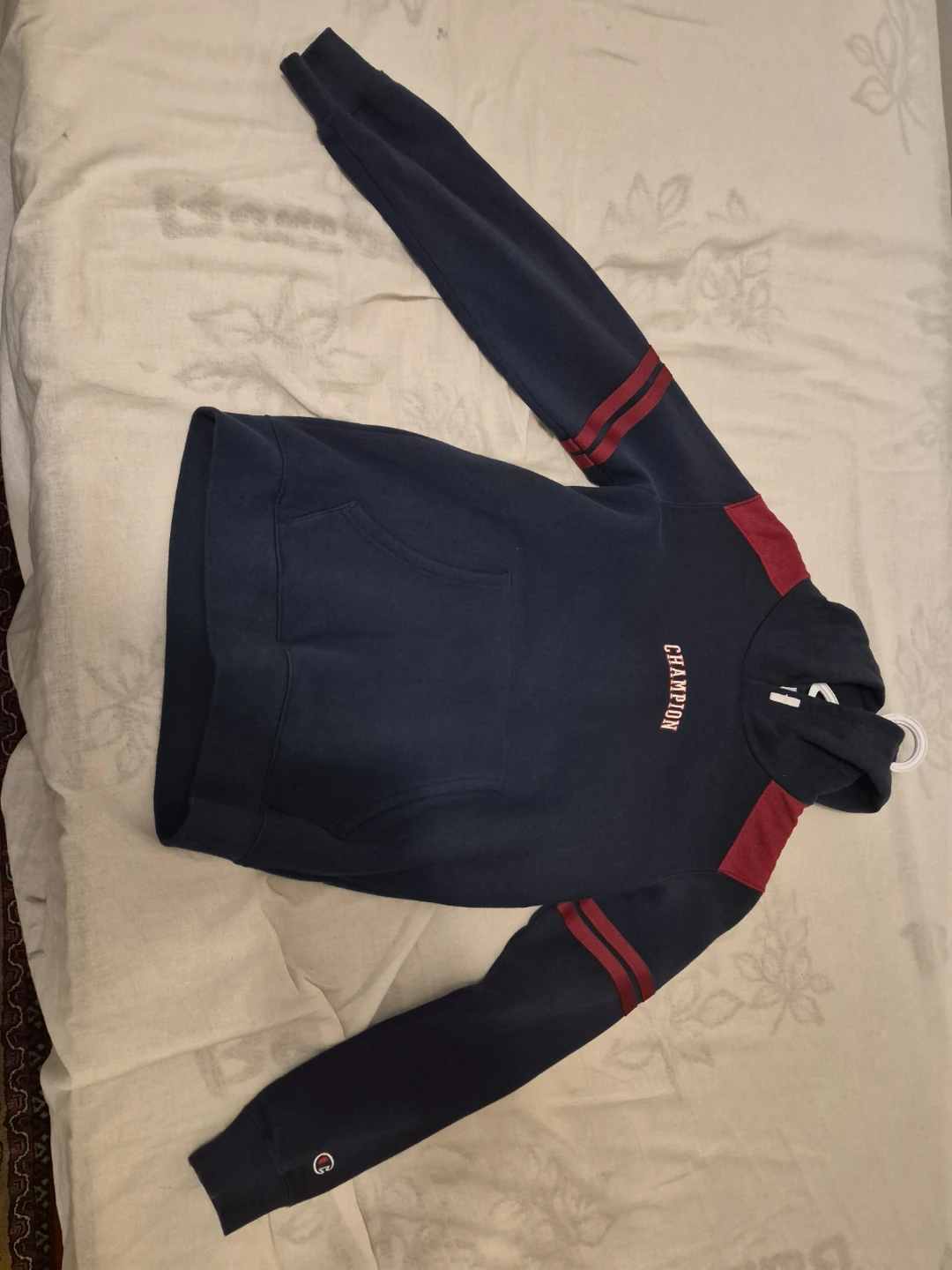 Champion Navy Blue Hoodie with Red Stripes