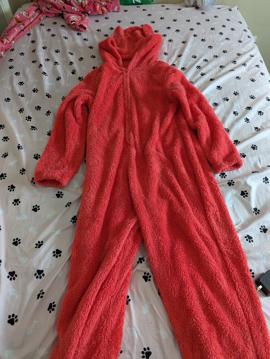 Coral Faux Fur Hooded Onesie