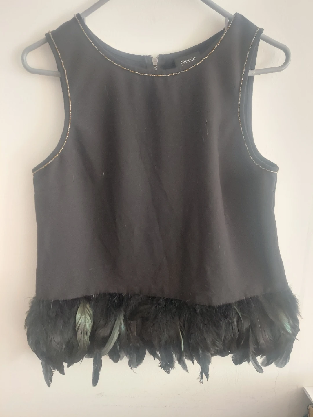 Nicole Miller Black Feather Trim Sleeveless Top