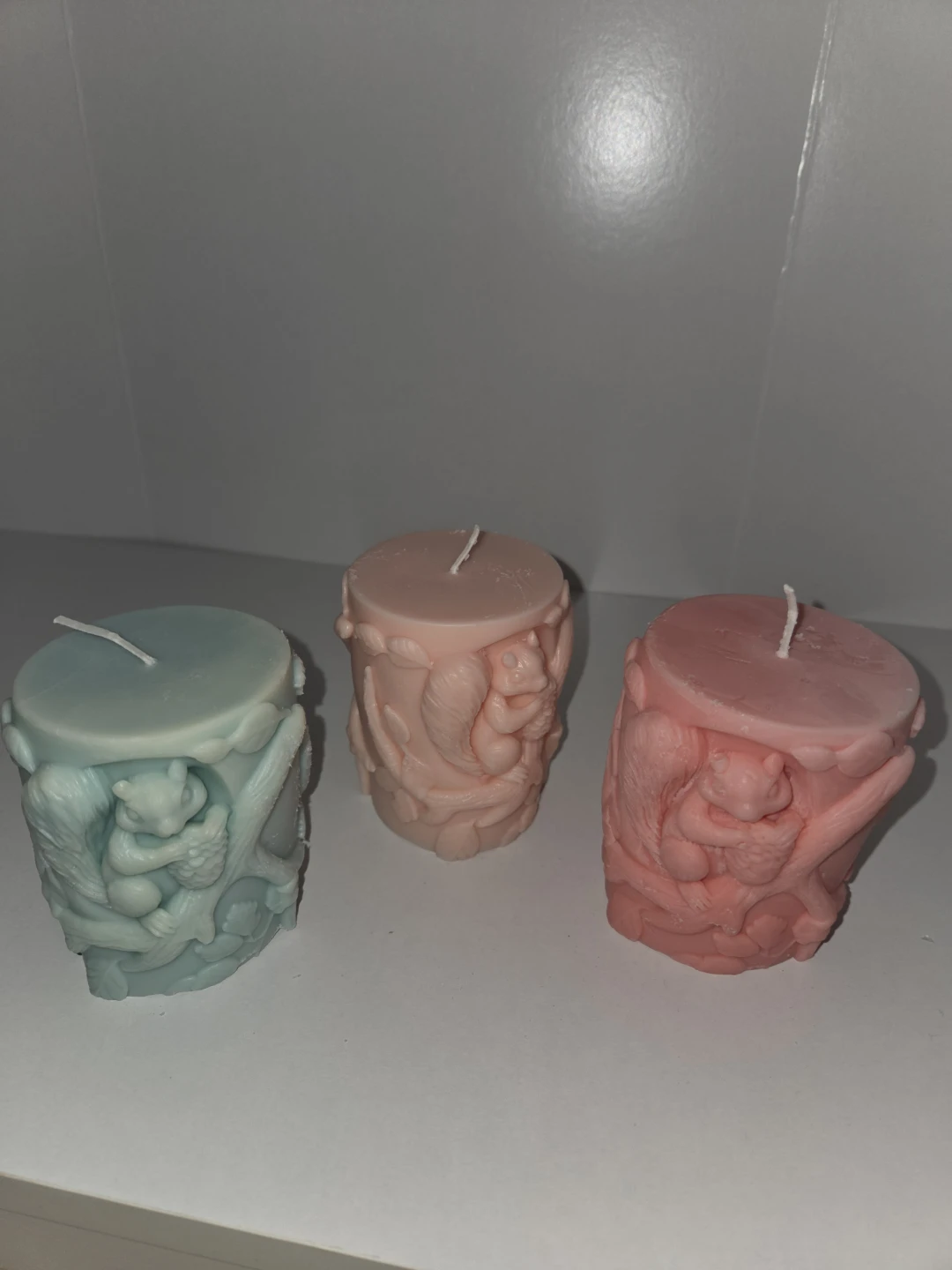 Set of 3 Squirrel Carved Pillar Candles (Blue, Pink)